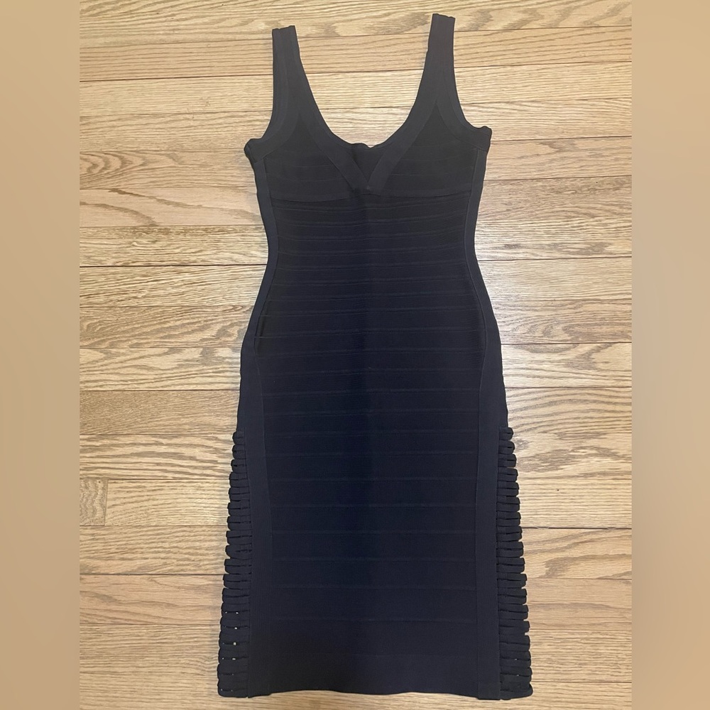 HERVE LEGER Bodycon Black Bondage Midi Party Cocktail Dress - Made in USA